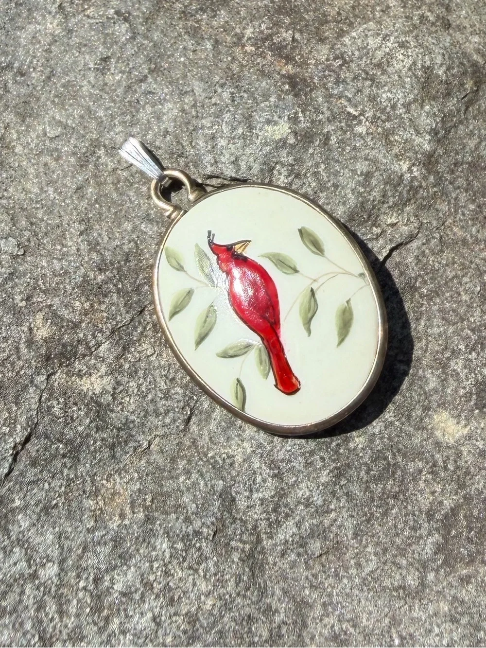 Vintage Sterling Ceramic Red Cardinal Oval Pendant Charm